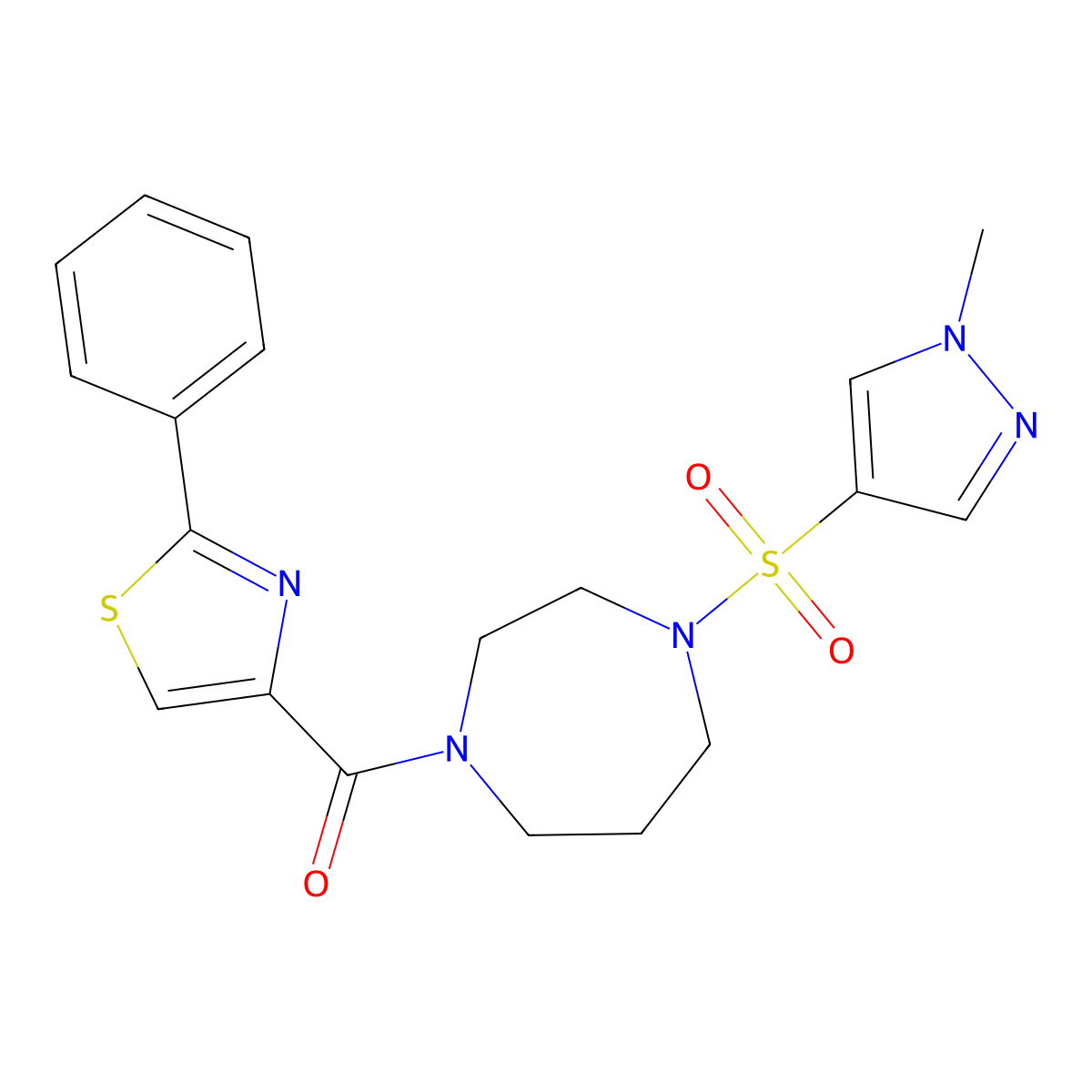 (4-((1-methyl-1H-pyrazol-4-yl)sulfonyl)-1,4-diazepan-1-yl)(2-phenylthiazol-4-yl)methanone molecular structure, CAS 2034542-69-1