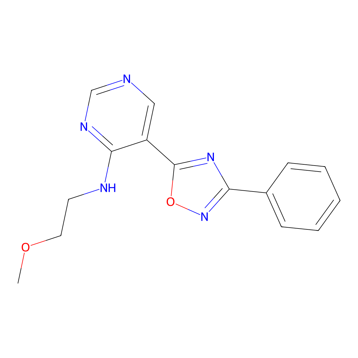 N-(2-methoxyethyl)-5-(3-phenyl-1,2,4-oxadiazol-5-yl)pyrimidin-4-amine molecular structure, CAS 2034542-70-4