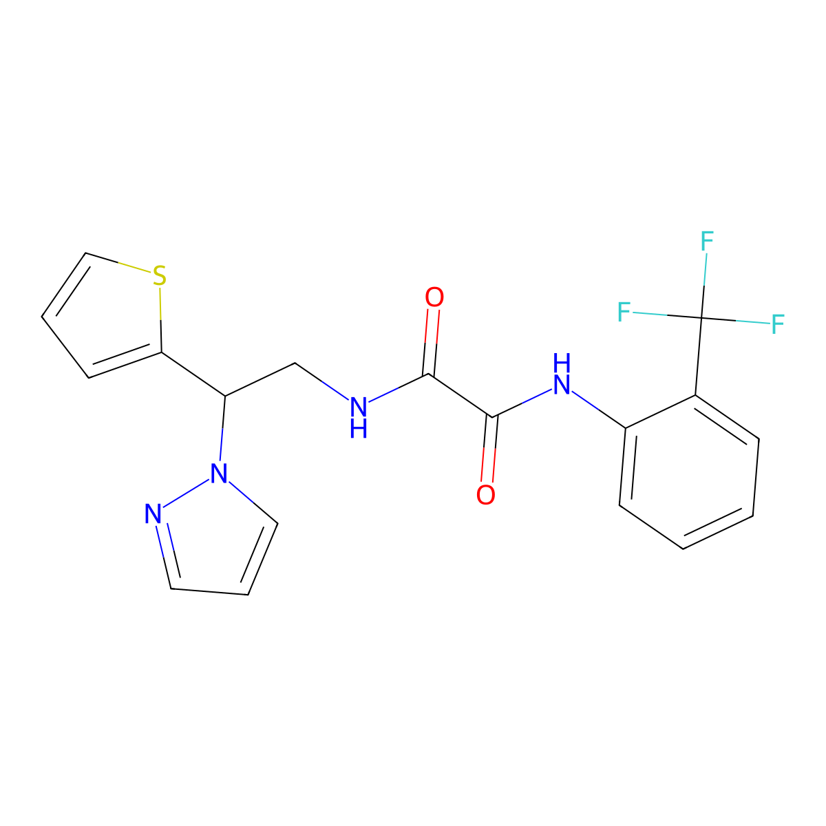N1-(2-(1H-pyrazol-1-yl)-2-(thiophen-2-yl)ethyl)-N2-(2-(trifluoromethyl)phenyl)oxalamide molecular structure, CAS 2034542-77-1
