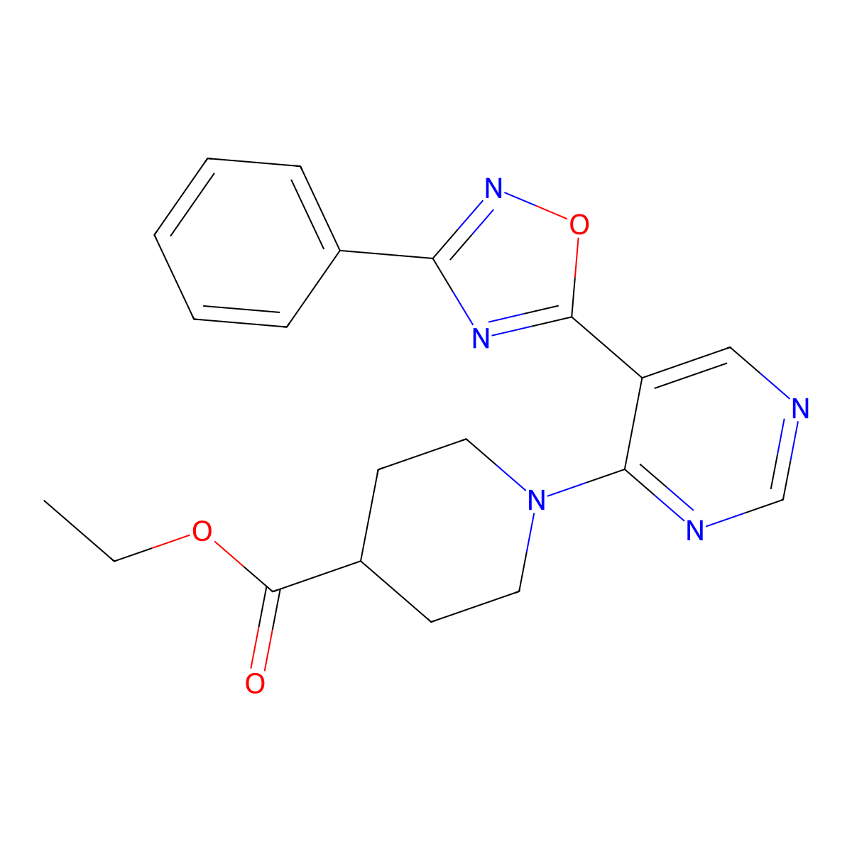 Ethyl 1-[5-(3-phenyl-1,2,4-oxadiazol-5-yl)pyrimidin-4-yl]piperidine-4-carboxylate molecular structure, CAS 2034542-80-6