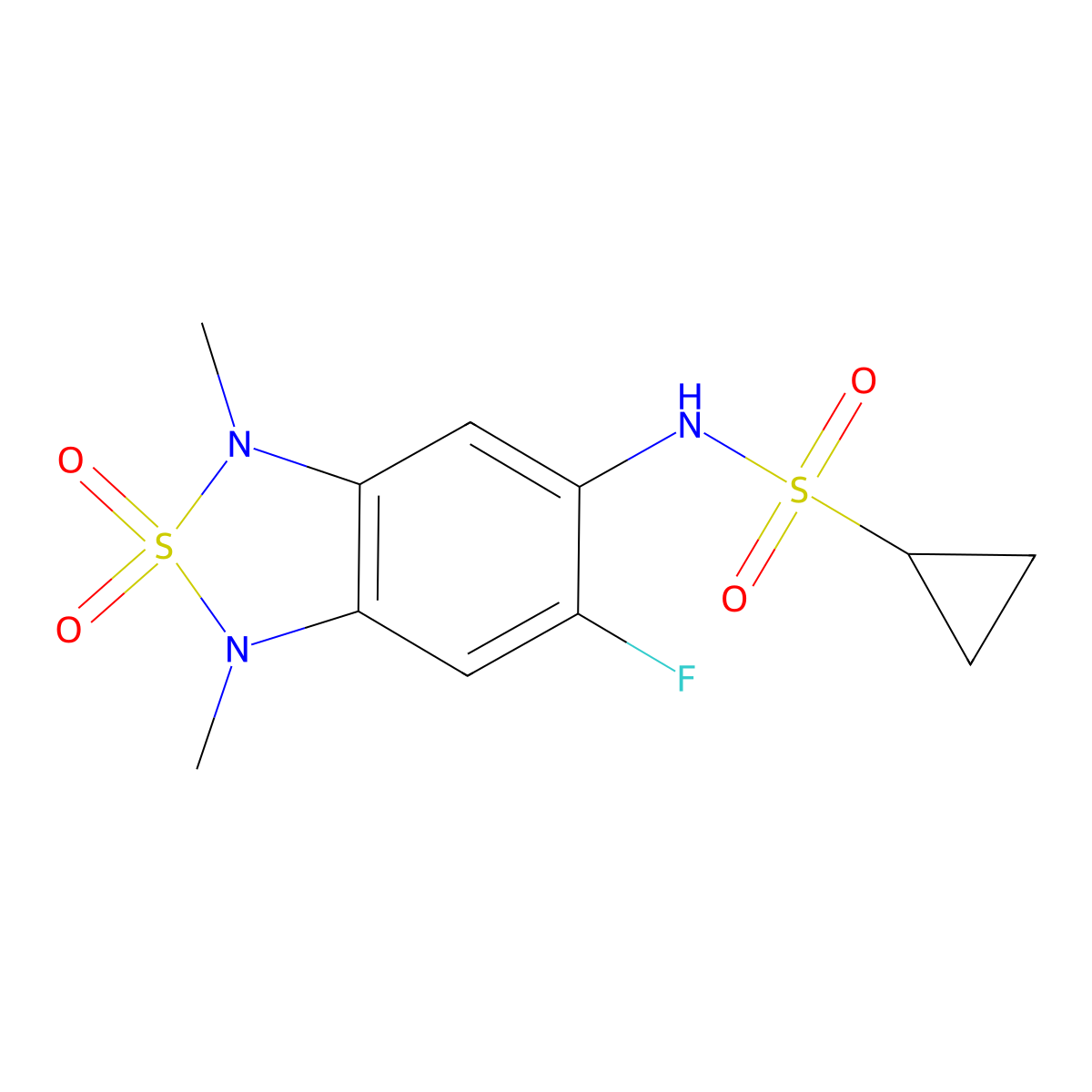N-(6-fluoro-1,3-dimethyl-2,2-dioxido-1,3-dihydrobenzo[c][1,2,5]thiadiazol-5-yl)cyclopropanesulfonamide molecular structure, CAS 2034542-82-8