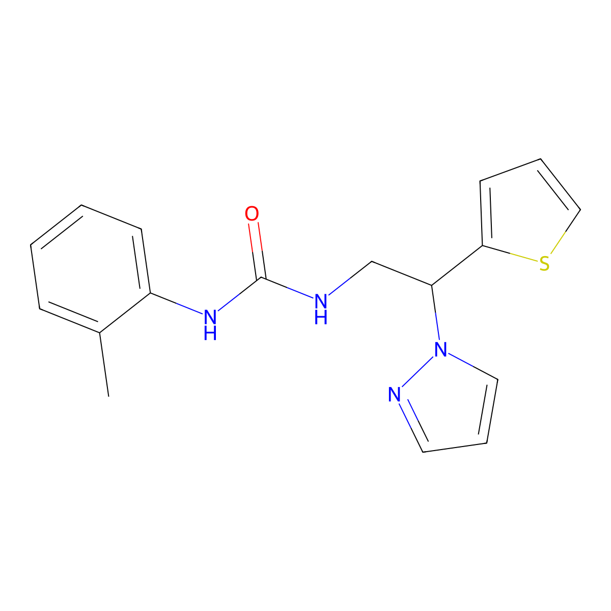 1-(2-(1H-pyrazol-1-yl)-2-(thiophen-2-yl)ethyl)-3-(o-tolyl)urea molecular structure, CAS 2034542-84-0