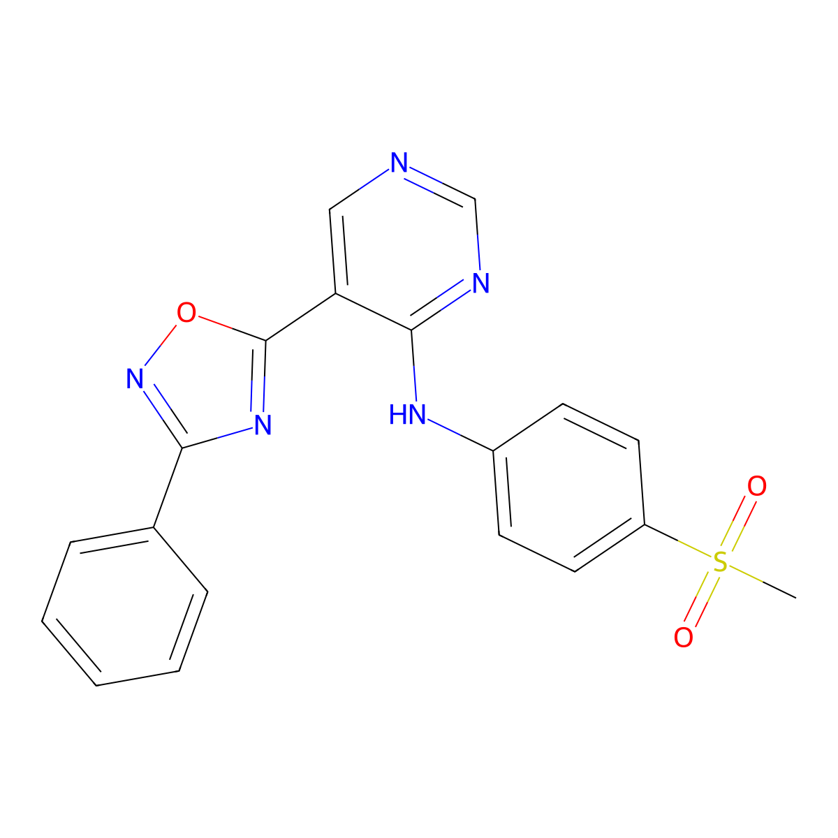 N-(4-(methylsulfonyl)phenyl)-5-(3-phenyl-1,2,4-oxadiazol-5-yl)pyrimidin-4-amine molecular structure, CAS 2034542-88-4