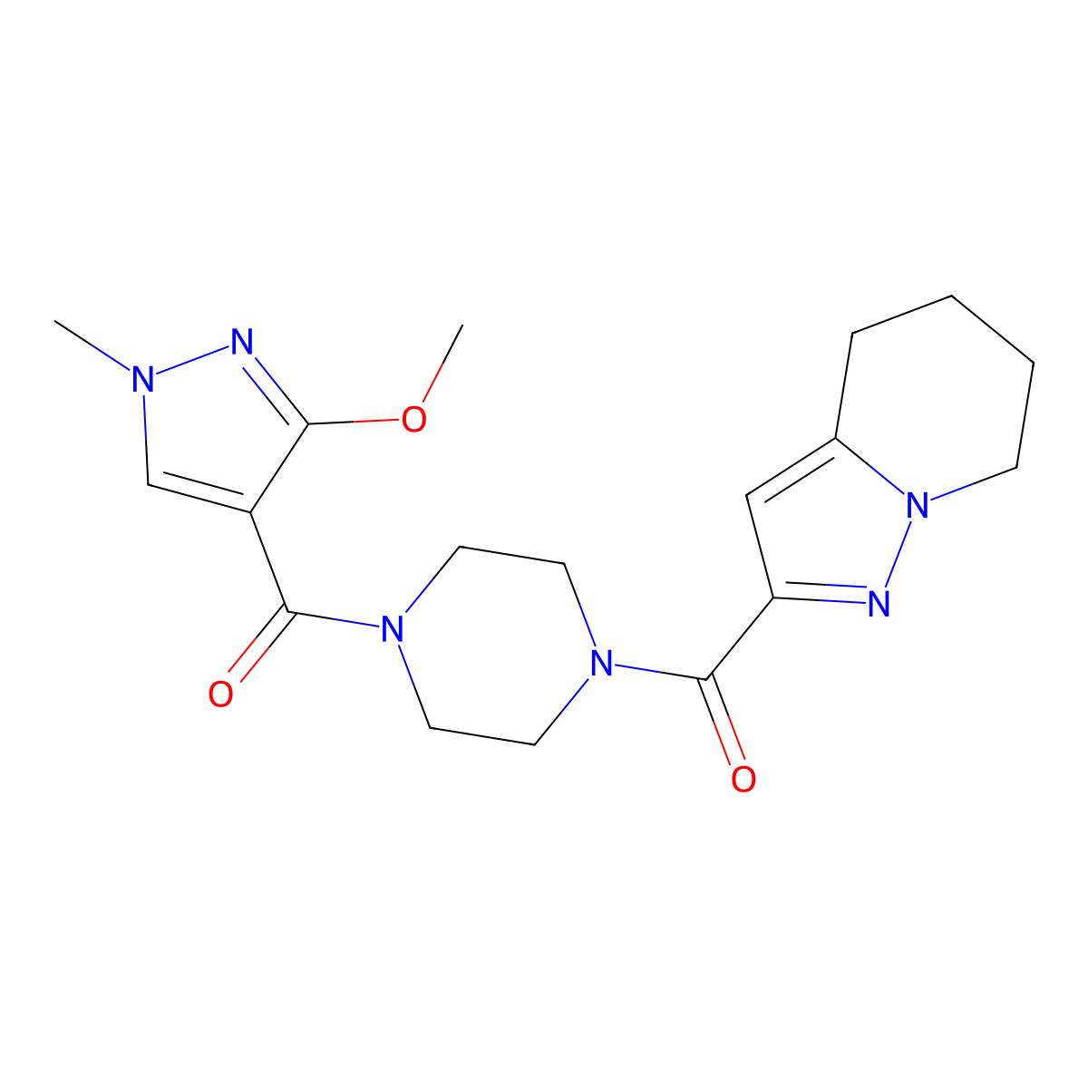 (3-methoxy-1-methyl-1H-pyrazol-4-yl)(4-(4,5,6,7-tetrahydropyrazolo[1,5-a]pyridine-2-carbonyl)piperazin-1-yl)methanone molecular structure, CAS 2034542-90-8
