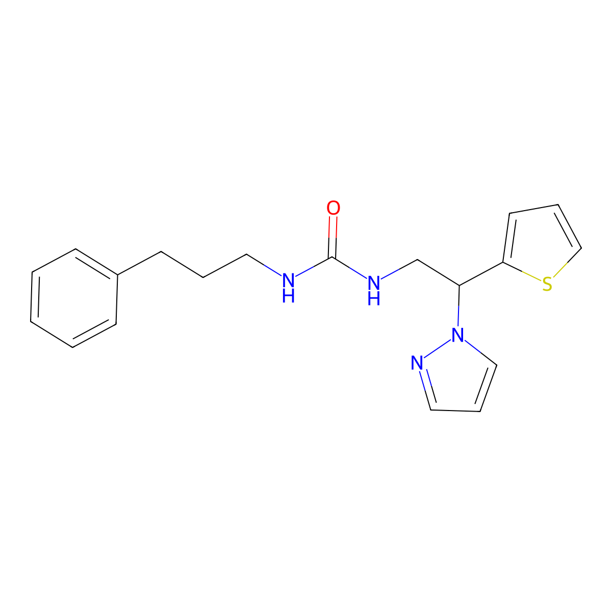 1-(2-(1H-pyrazol-1-yl)-2-(thiophen-2-yl)ethyl)-3-(3-phenylpropyl)urea molecular structure, CAS 2034542-93-1