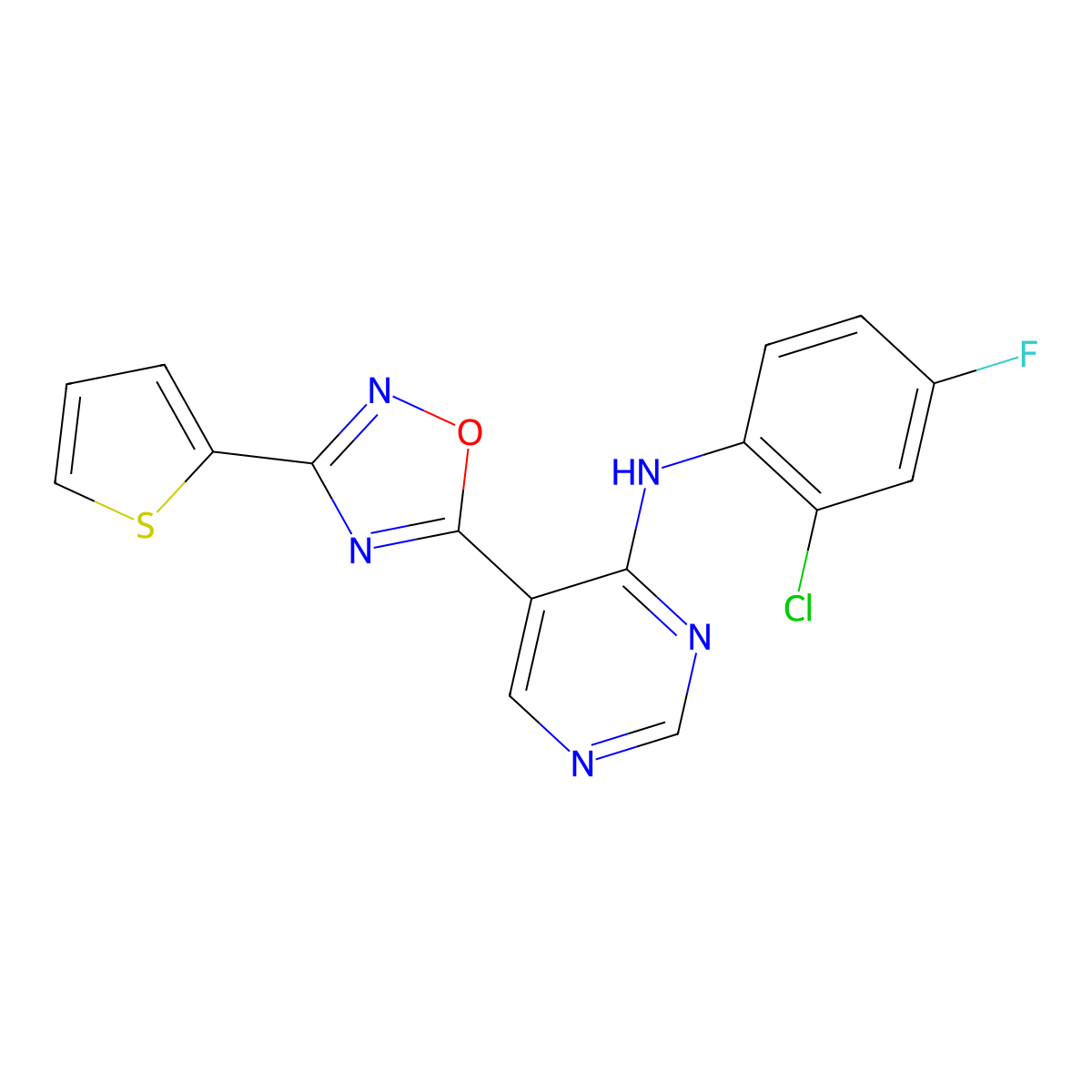 N-(2-chloro-4-fluorophenyl)-5-(3-(thiophen-2-yl)-1,2,4-oxadiazol-5-yl)pyrimidin-4-amine molecular structure, CAS 2034542-97-5