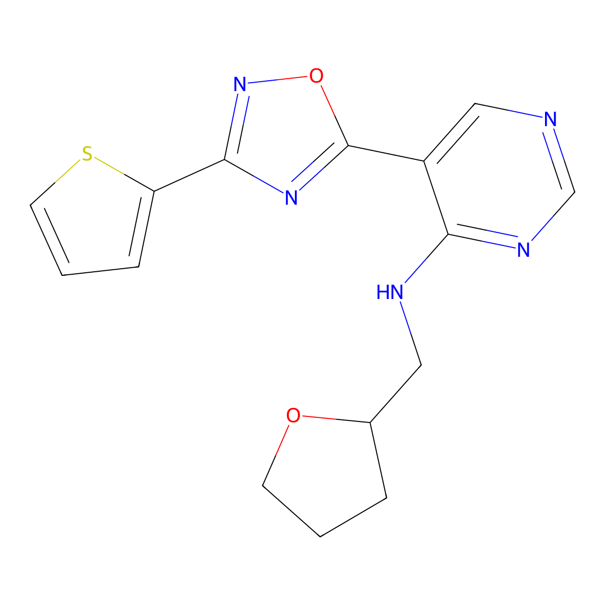 N-((tetrahydrofuran-2-yl)methyl)-5-(3-(thiophen-2-yl)-1,2,4-oxadiazol-5-yl)pyrimidin-4-amine molecular structure, CAS 2034543-06-9