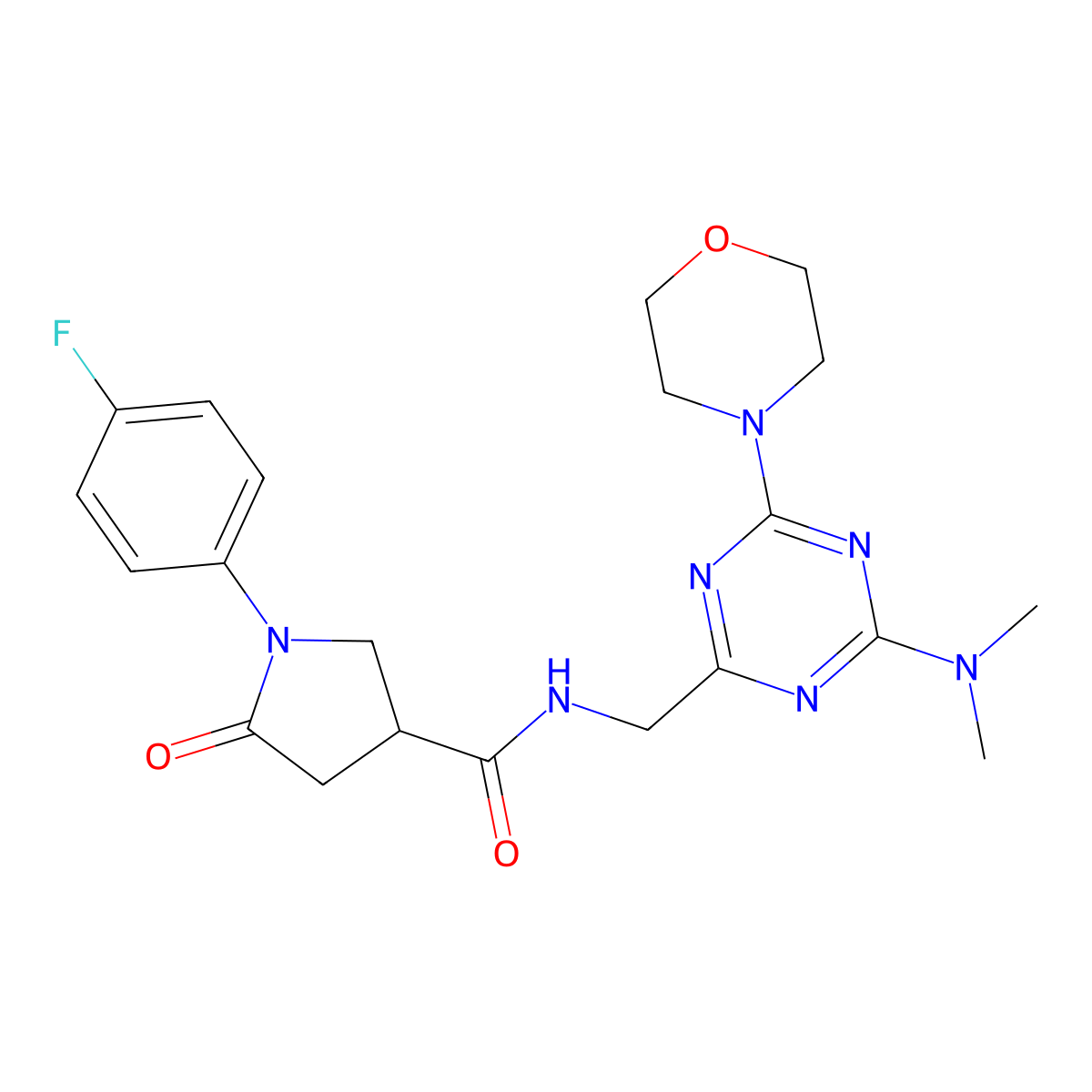 N-((4-(dimethylamino)-6-morpholino-1,3,5-triazin-2-yl)methyl)-1-(4-fluorophenyl)-5-oxopyrrolidine-3-carboxamide molecular structure, CAS 2034543-14-9