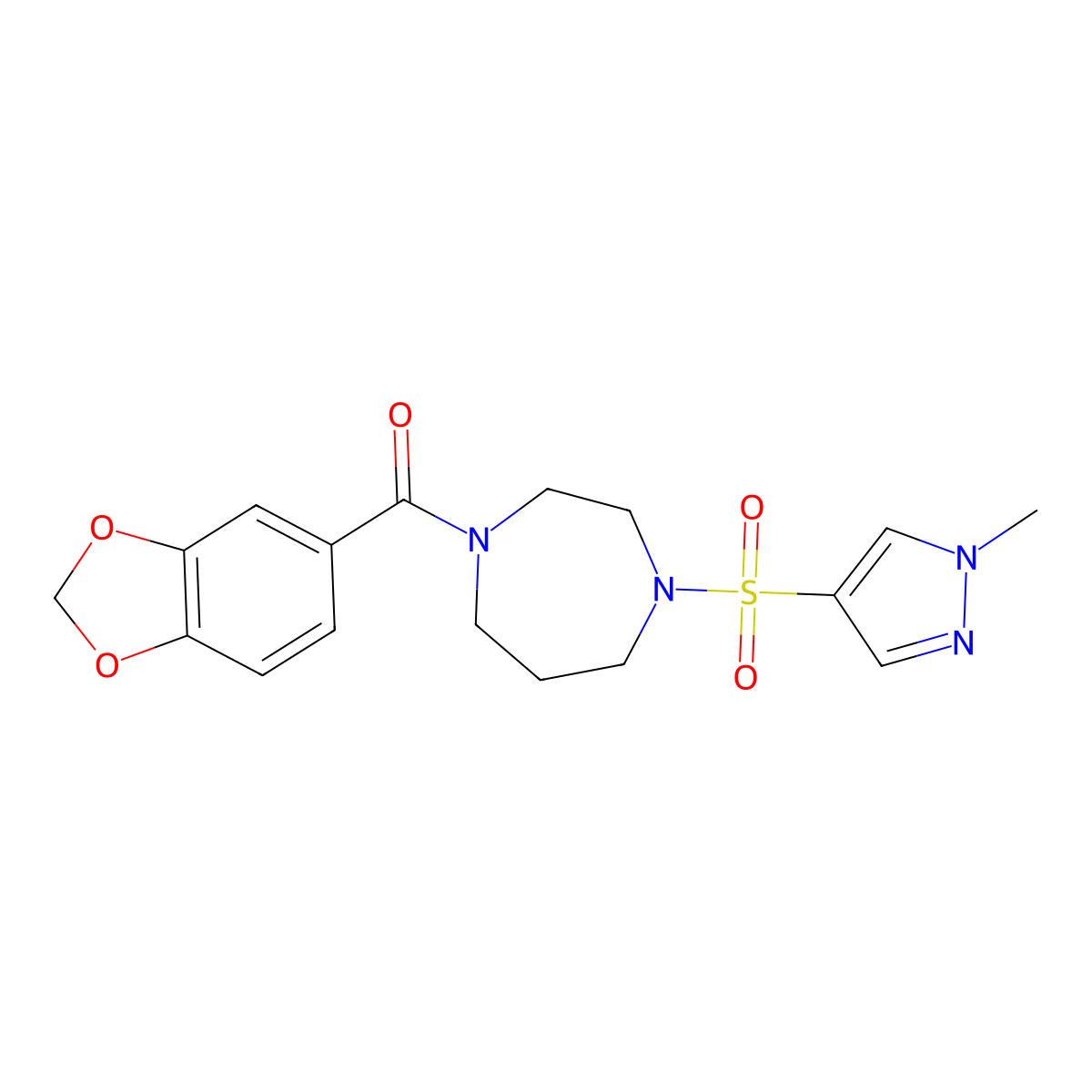 benzo[d][1,3]dioxol-5-yl(4-((1-methyl-1H-pyrazol-4-yl)sulfonyl)-1,4-diazepan-1-yl)methanone molecular structure, CAS 2034543-15-0