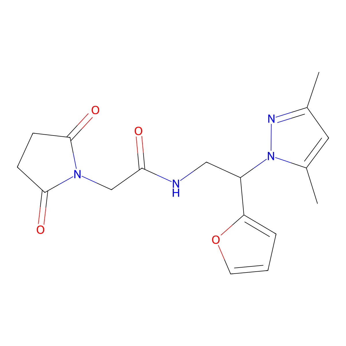 N-[2-(3,5-dimethyl-1H-pyrazol-1-yl)-2-(furan-2-yl)ethyl]-2-(2,5-dioxopyrrolidin-1-yl)acetamide molecular structure, CAS 2034543-16-1