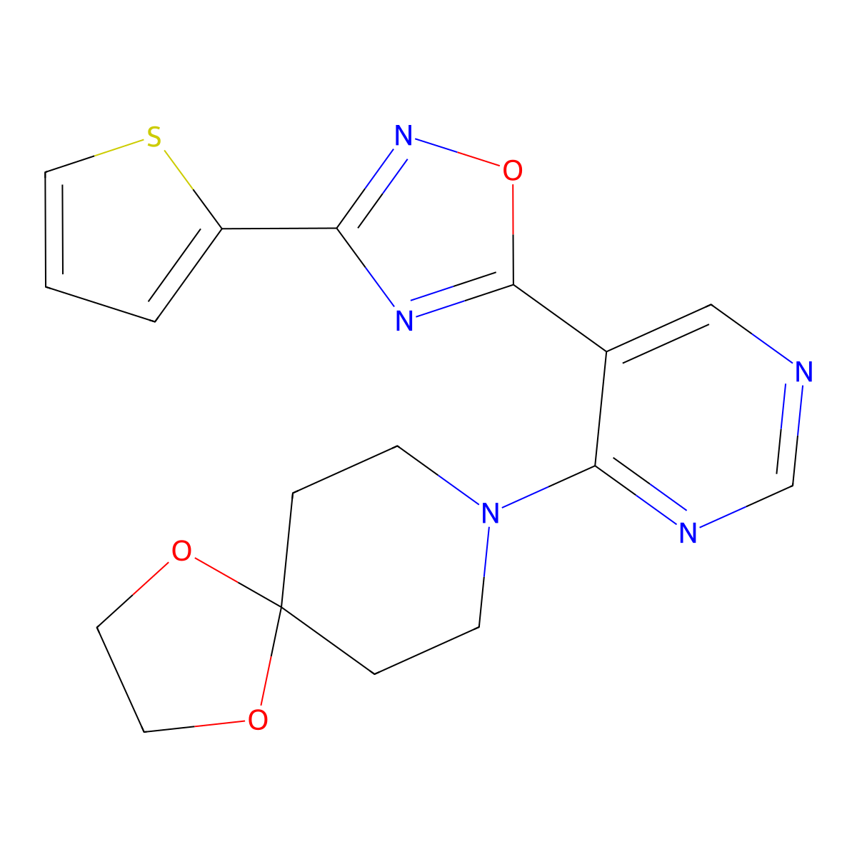 8-(5-(3-(Thiophen-2-yl)-1,2,4-oxadiazol-5-yl)pyrimidin-4-yl)-1,4-dioxa-8-azaspiro[4.5]decane molecular structure, CAS 2034543-22-9