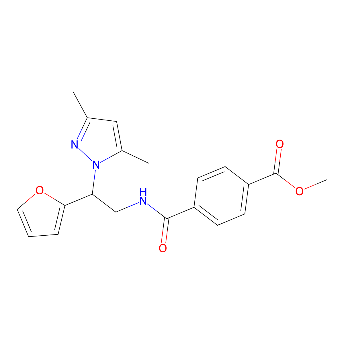 methyl 4-{[2-(3,5-dimethyl-1H-pyrazol-1-yl)-2-(furan-2-yl)ethyl]carbamoyl}benzoate molecular structure, CAS 2034543-24-1