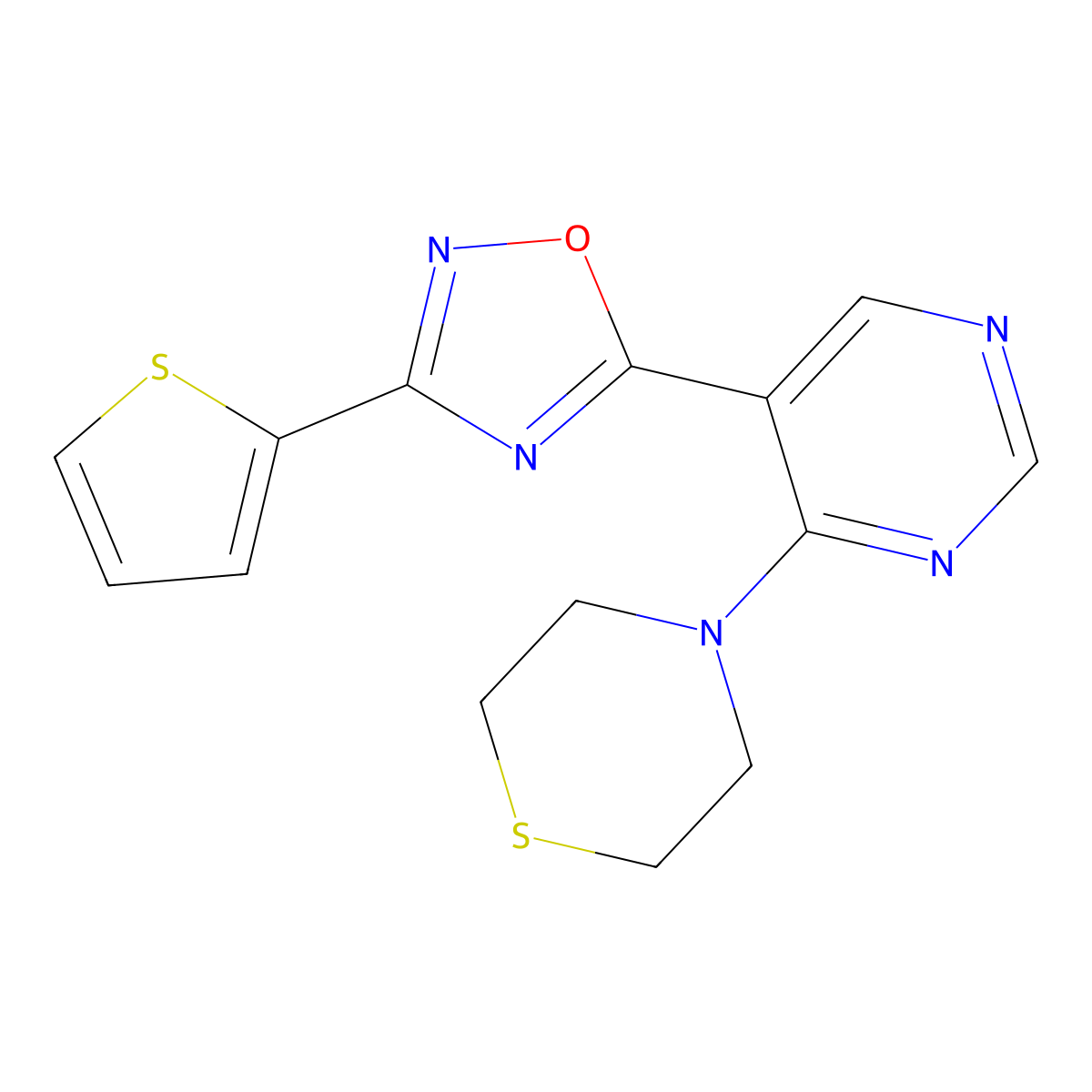 5-(4-Thiomorpholinopyrimidin-5-yl)-3-(thiophen-2-yl)-1,2,4-oxadiazole molecular structure, CAS 2034543-33-2