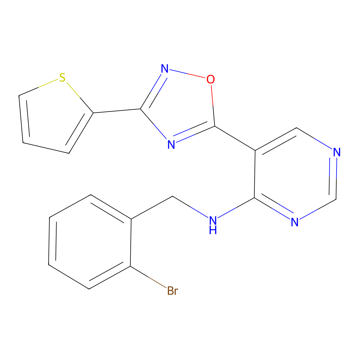 N-(2-bromobenzyl)-5-(3-(thiophen-2-yl)-1,2,4-oxadiazol-5-yl)pyrimidin-4-amine molecular structure, CAS 2034543-37-6