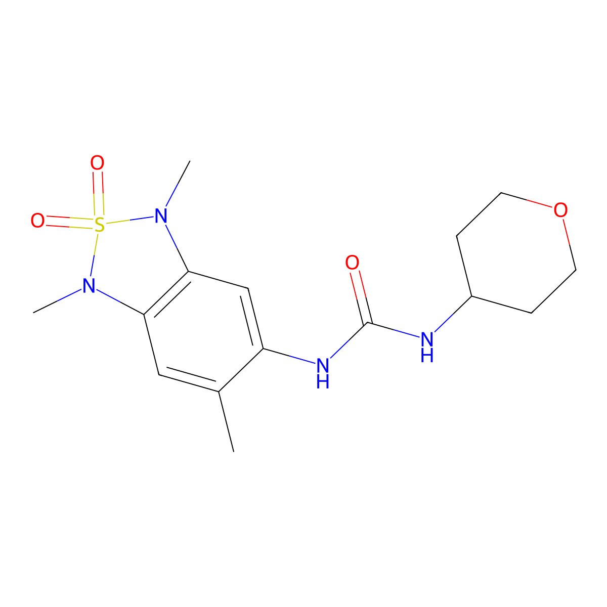 1-(tetrahydro-2H-pyran-4-yl)-3-(1,3,6-trimethyl-2,2-dioxido-1,3-dihydrobenzo[c][1,2,5]thiadiazol-5-yl)urea molecular structure, CAS 2034543-40-1