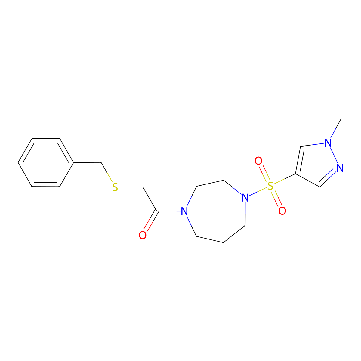 2-(benzylthio)-1-(4-((1-methyl-1H-pyrazol-4-yl)sulfonyl)-1,4-diazepan-1-yl)ethanone molecular structure, CAS 2034543-48-9