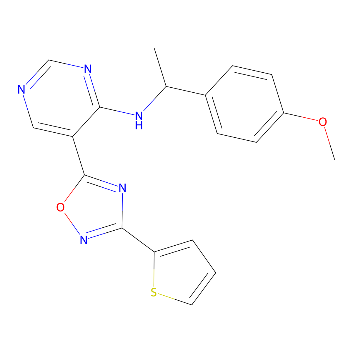 N-(1-(4-methoxyphenyl)ethyl)-5-(3-(thiophen-2-yl)-1,2,4-oxadiazol-5-yl)pyrimidin-4-amine molecular structure, CAS 2034543-52-5