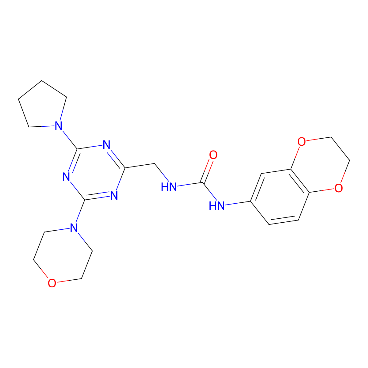 1-(2,3-Dihydrobenzo[b][1,4]dioxin-6-yl)-3-((4-morpholino-6-(pyrrolidin-1-yl)-1,3,5-triazin-2-yl)methyl)urea molecular structure, CAS 2034543-62-7