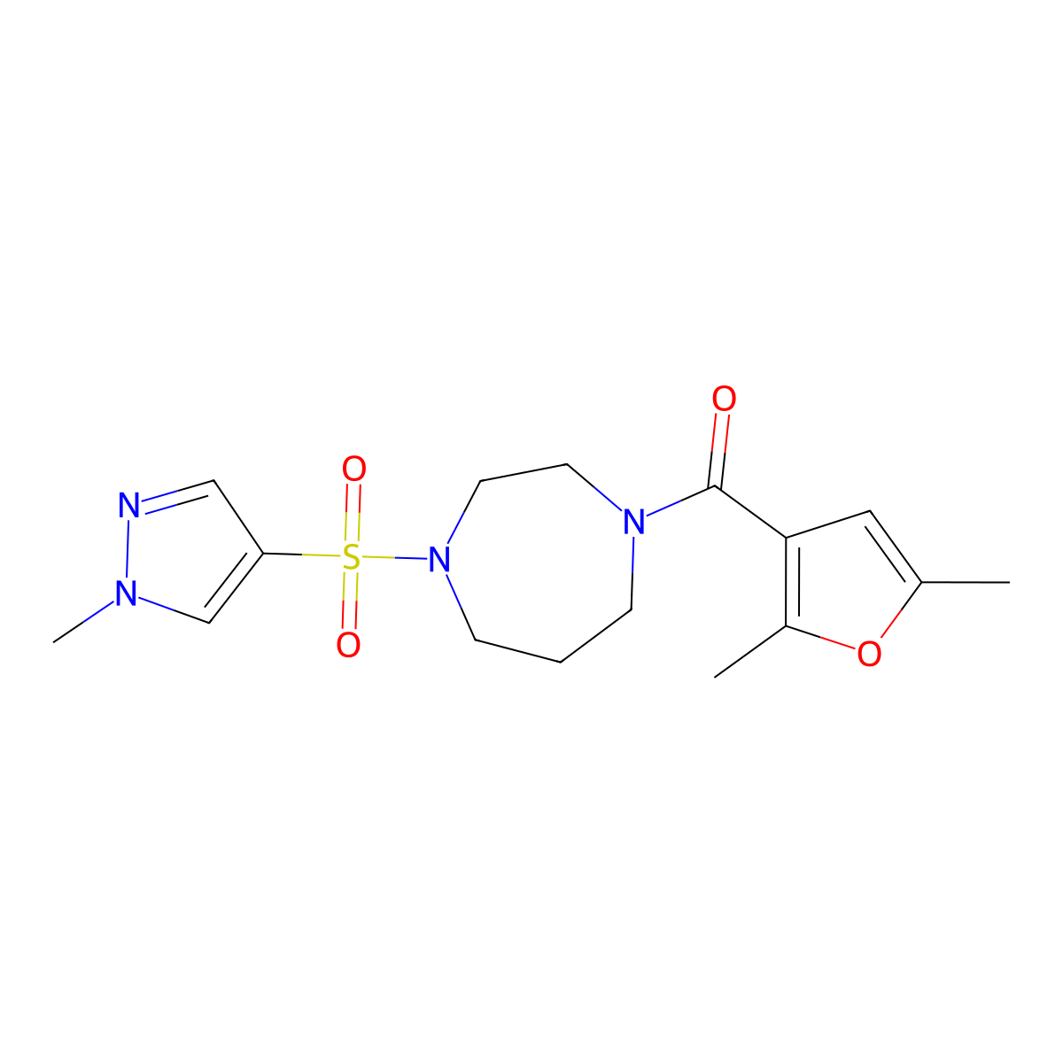 (2,5-dimethylfuran-3-yl)(4-((1-methyl-1H-pyrazol-4-yl)sulfonyl)-1,4-diazepan-1-yl)methanone molecular structure, CAS 2034543-64-9
