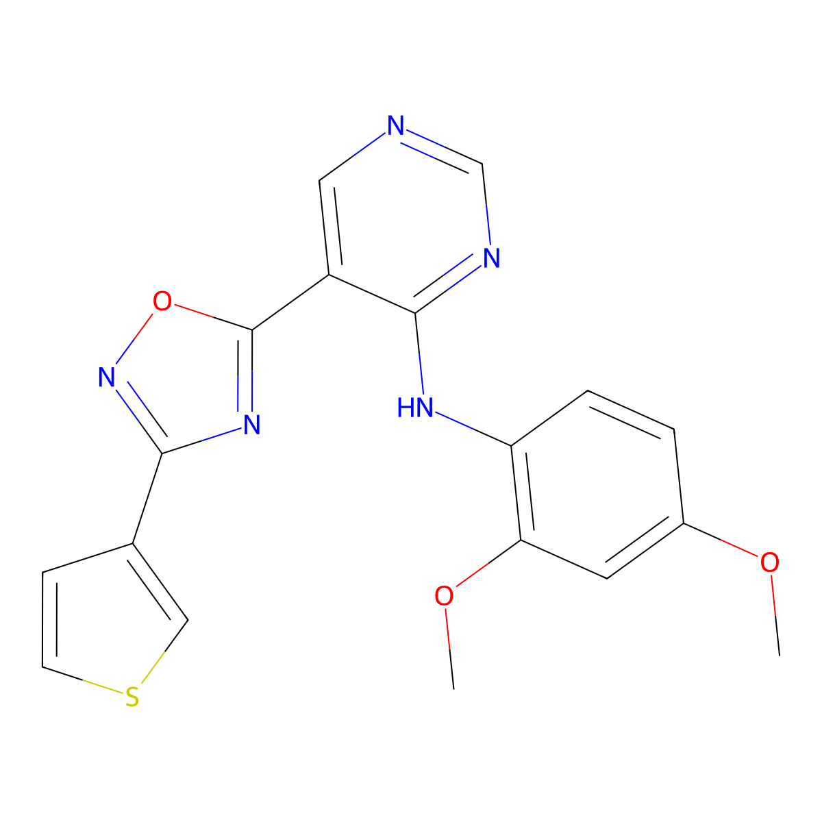 N-(2,4-dimethoxyphenyl)-5-(3-(thiophen-3-yl)-1,2,4-oxadiazol-5-yl)pyrimidin-4-amine molecular structure, CAS 2034543-65-0