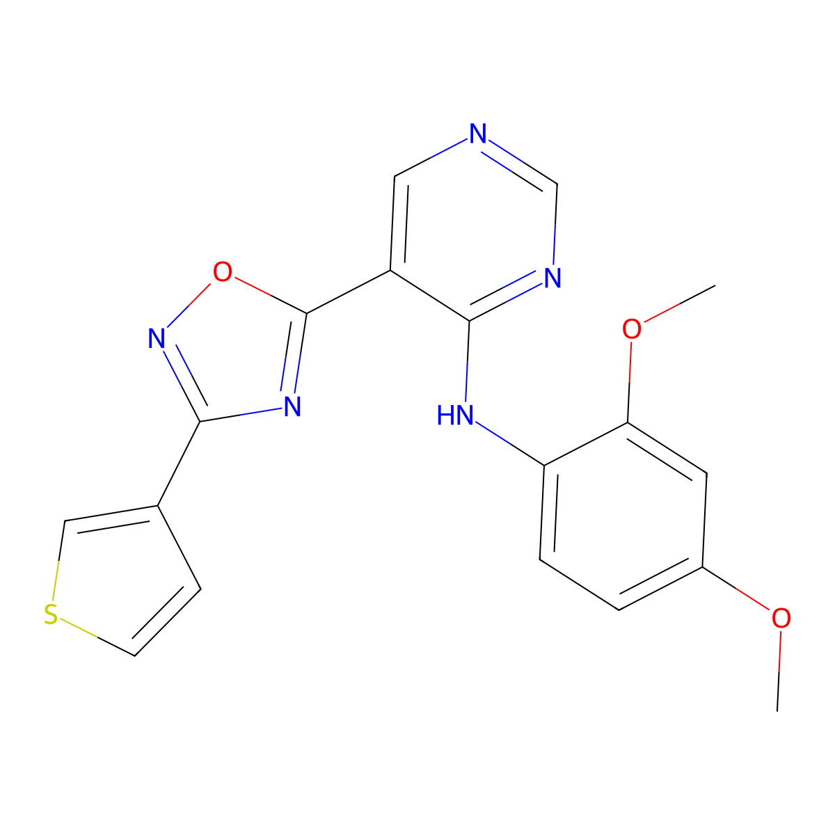 N-(2,4-dimethoxyphenyl)-5-(3-(thiophen-3-yl)-1,2,4-oxadiazol-5-yl)pyrimidin-4-amine molecular structure, CAS 2034543-65-0
