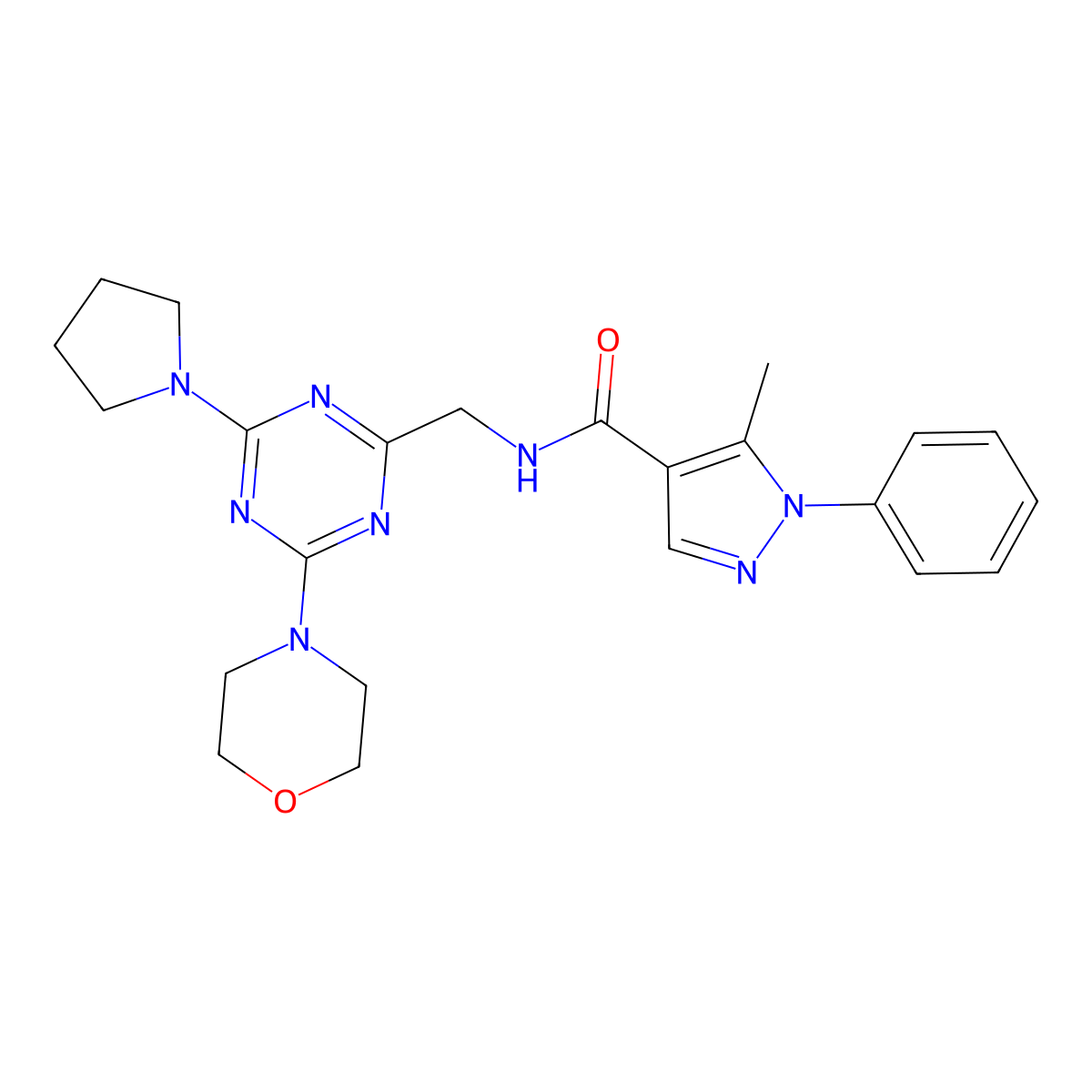 5-methyl-N-((4-morpholino-6-(pyrrolidin-1-yl)-1,3,5-triazin-2-yl)methyl)-1-phenyl-1H-pyrazole-4-carboxamide molecular structure, CAS 2034543-84-3