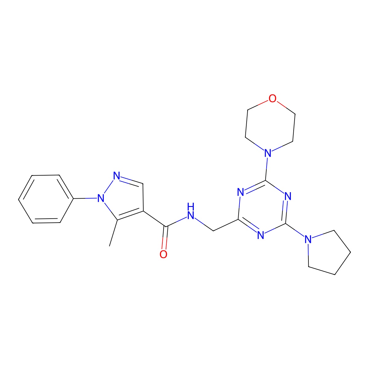 5-methyl-N-((4-morpholino-6-(pyrrolidin-1-yl)-1,3,5-triazin-2-yl)methyl)-1-phenyl-1H-pyrazole-4-carboxamide molecular structure, CAS 2034543-84-3