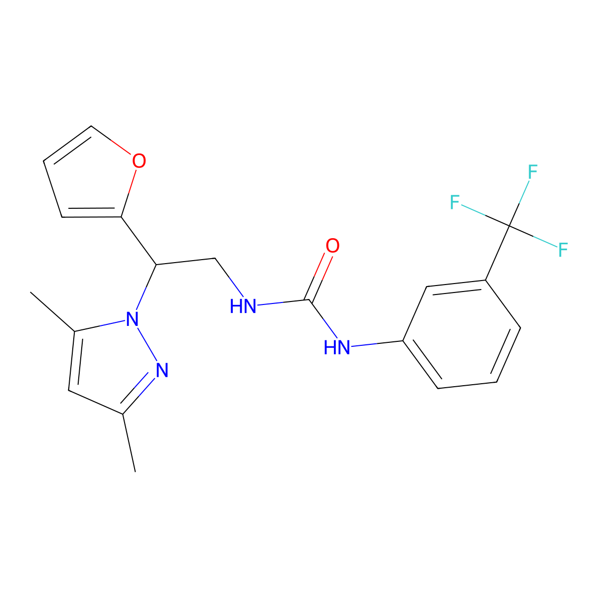 1-(2-(3,5-dimethyl-1H-pyrazol-1-yl)-2-(furan-2-yl)ethyl)-3-(3-(trifluoromethyl)phenyl)urea molecular structure, CAS 2034543-92-3