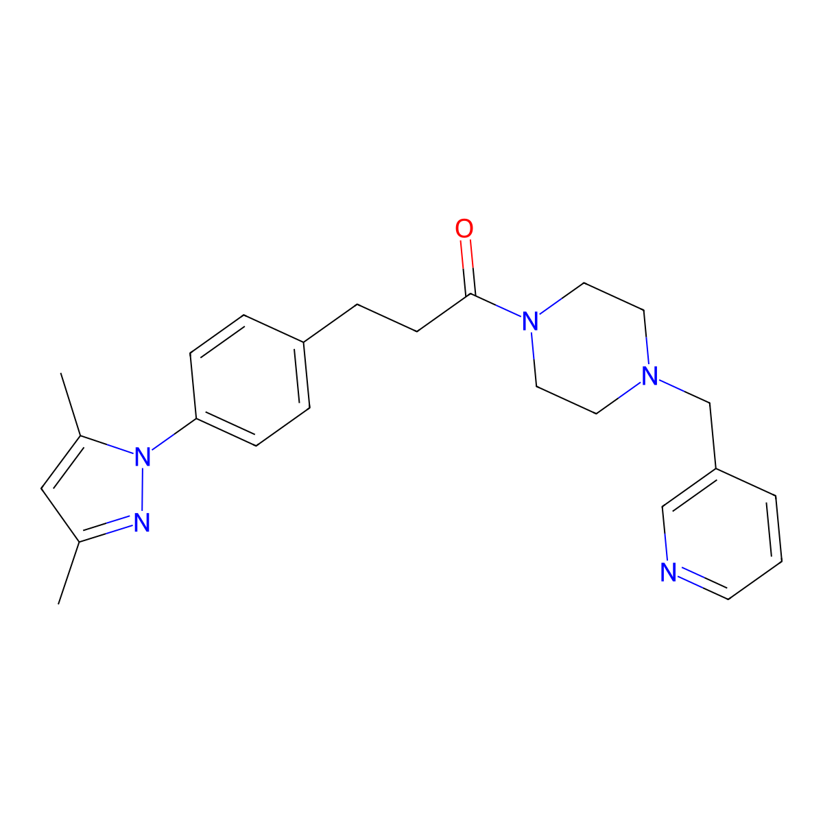 3-(4-(3,5-dimethyl-1H-pyrazol-1-yl)phenyl)-1-(4-(pyridin-3-ylmethyl)piperazin-1-yl)propan-1-one molecular structure, CAS 2034544-00-6