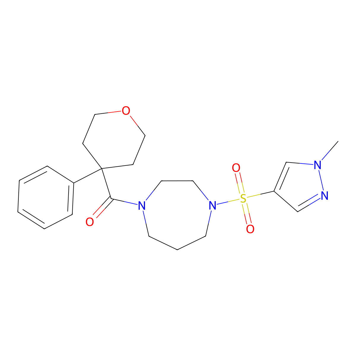 (4-((1-methyl-1H-pyrazol-4-yl)sulfonyl)-1,4-diazepan-1-yl)(4-phenyltetrahydro-2H-pyran-4-yl)methanone molecular structure, CAS 2034544-02-8