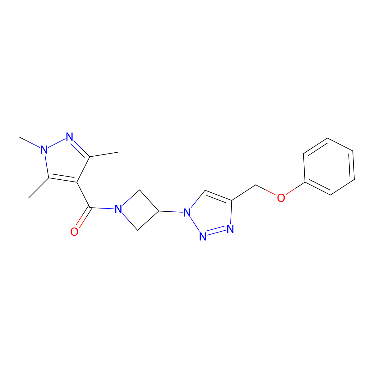 (3-(4-(phenoxymethyl)-1H-1,2,3-triazol-1-yl)azetidin-1-yl)(1,3,5-trimethyl-1H-pyrazol-4-yl)methanone molecular structure, CAS 2034544-06-2