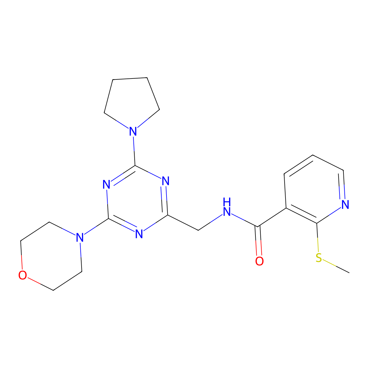2-(methylthio)-N-((4-morpholino-6-(pyrrolidin-1-yl)-1,3,5-triazin-2-yl)methyl)nicotinamide molecular structure, CAS 2034544-08-4