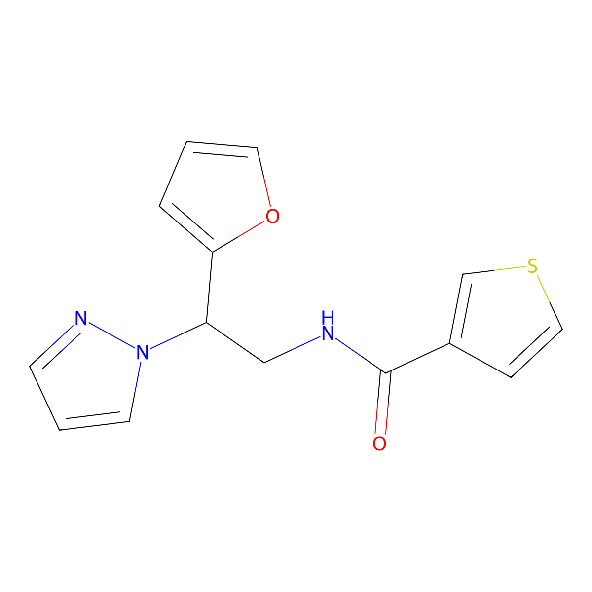 N-(2-(furan-2-yl)-2-(1H-pyrazol-1-yl)ethyl)thiophene-3-carboxamide molecular structure, CAS 2034544-15-3
