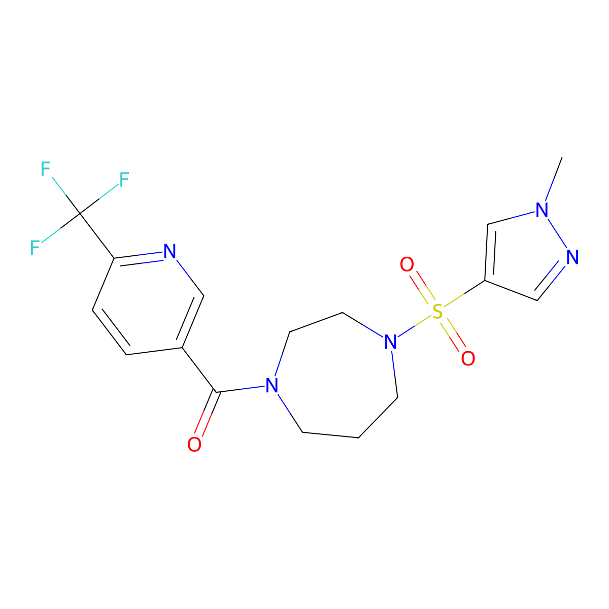 (4-((1-methyl-1H-pyrazol-4-yl)sulfonyl)-1,4-diazepan-1-yl)(6-(trifluoromethyl)pyridin-3-yl)methanone molecular structure, CAS 2034544-17-5