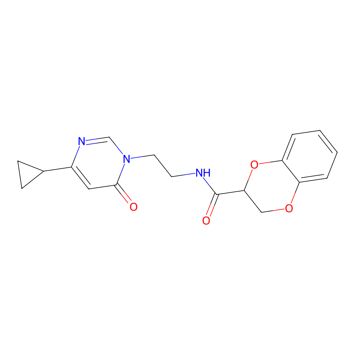 N-(2-(4-cyclopropyl-6-oxopyrimidin-1(6H)-yl)ethyl)-2,3-dihydrobenzo[b][1,4]dioxine-2-carboxamide molecular structure, CAS 2034544-23-3