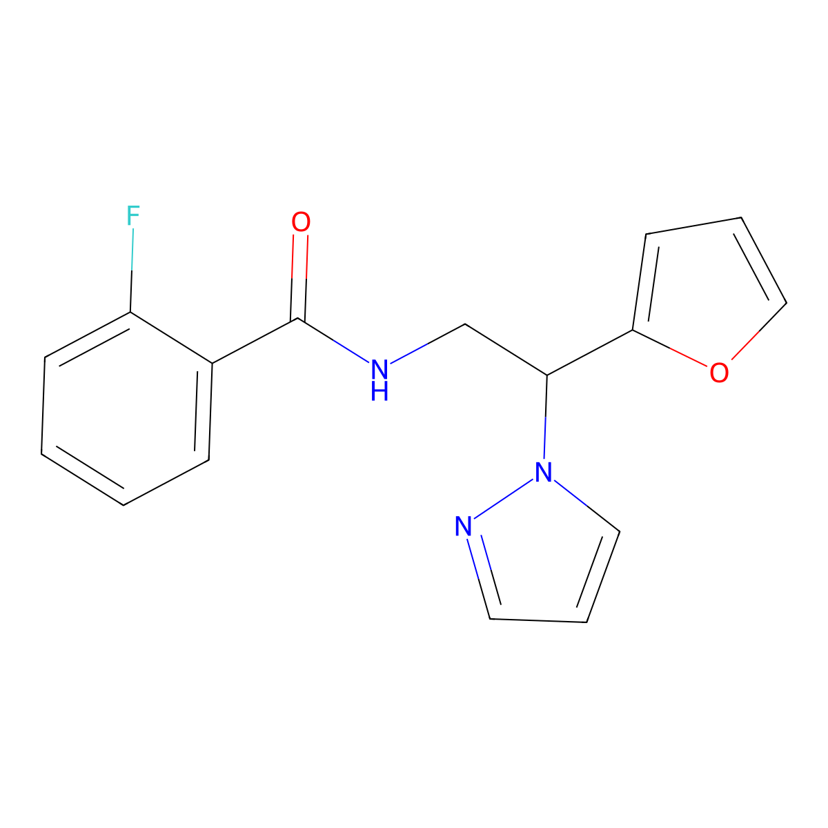 2-fluoro-N-(2-(furan-2-yl)-2-(1H-pyrazol-1-yl)ethyl)benzamide molecular structure, CAS 2034544-29-9