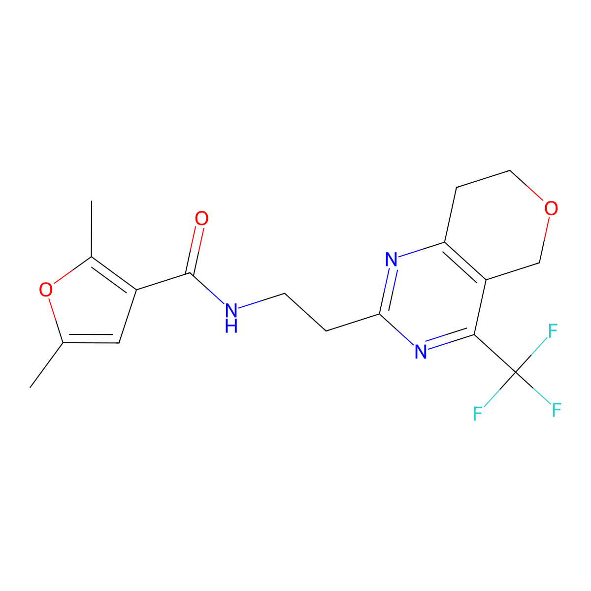 2,5-dimethyl-N-(2-(4-(trifluoromethyl)-7,8-dihydro-5H-pyrano[4,3-d]pyrimidin-2-yl)ethyl)furan-3-carboxamide molecular structure, CAS 2034544-30-2