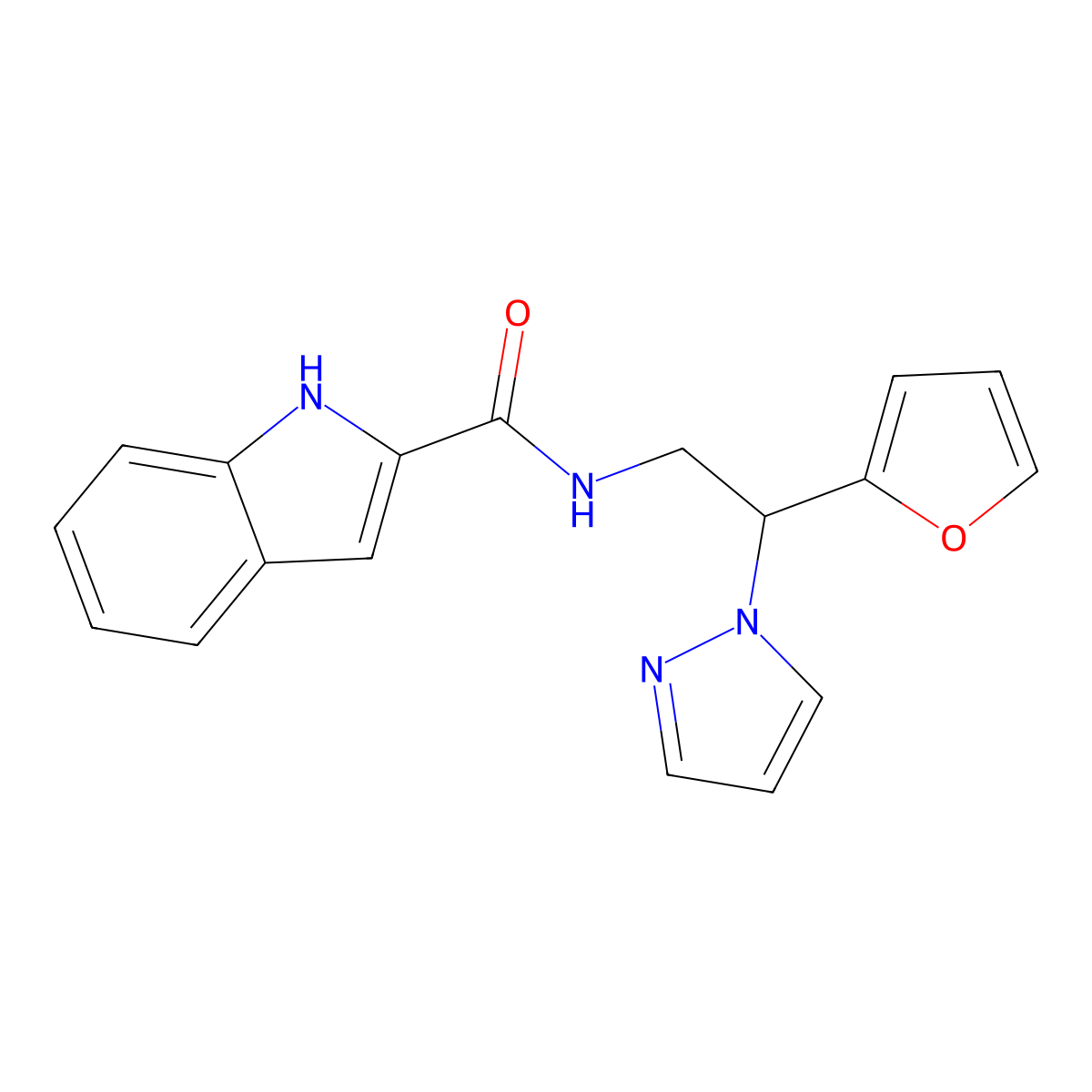 N-(2-(furan-2-yl)-2-(1H-pyrazol-1-yl)ethyl)-1H-indole-2-carboxamide molecular structure, CAS 2034544-34-6