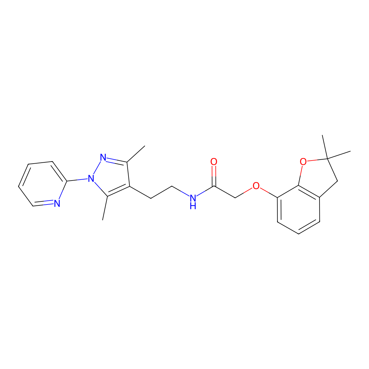 N-(2-(3,5-dimethyl-1-(pyridin-2-yl)-1H-pyrazol-4-yl)ethyl)-2-((2,2-dimethyl-2,3-dihydrobenzofuran-7-yl)oxy)acetamide molecular structure, CAS 2034544-39-1