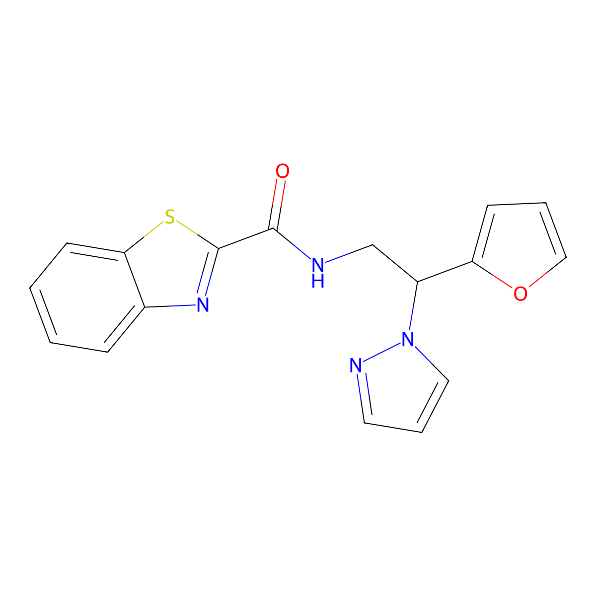 N-(2-(furan-2-yl)-2-(1H-pyrazol-1-yl)ethyl)benzo[d]thiazole-2-carboxamide molecular structure, CAS 2034544-46-0