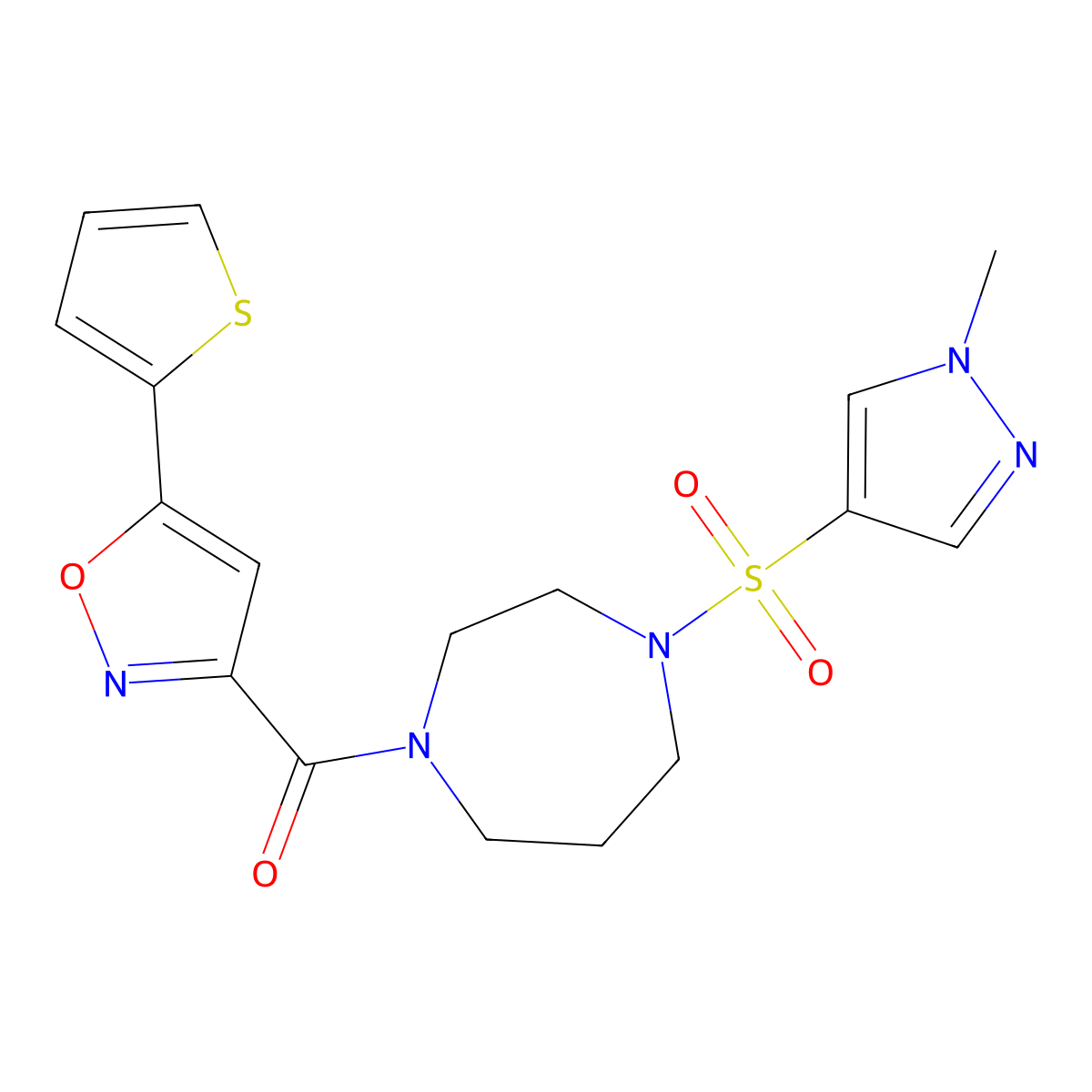 (4-((1-methyl-1H-pyrazol-4-yl)sulfonyl)-1,4-diazepan-1-yl)(5-(thiophen-2-yl)isoxazol-3-yl)methanone molecular structure, CAS 2034544-50-6
