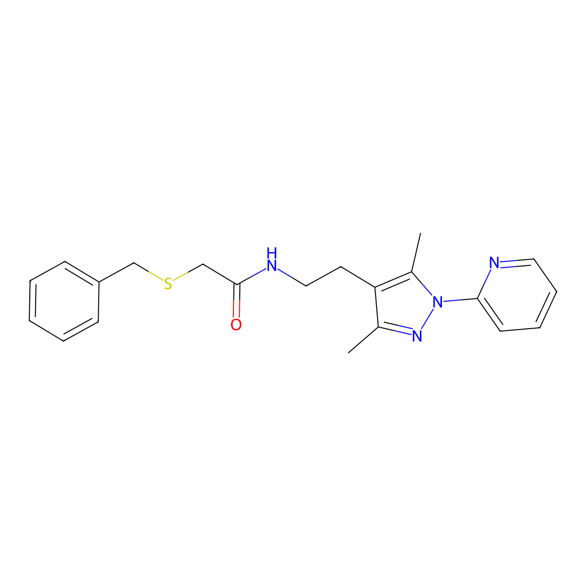 2-(benzylthio)-N-(2-(3,5-dimethyl-1-(pyridin-2-yl)-1H-pyrazol-4-yl)ethyl)acetamide molecular structure, CAS 2034544-52-8