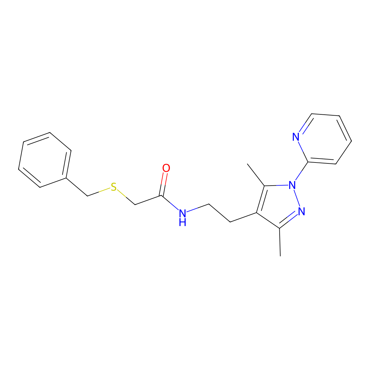 2-(benzylthio)-N-(2-(3,5-dimethyl-1-(pyridin-2-yl)-1H-pyrazol-4-yl)ethyl)acetamide molecular structure, CAS 2034544-52-8