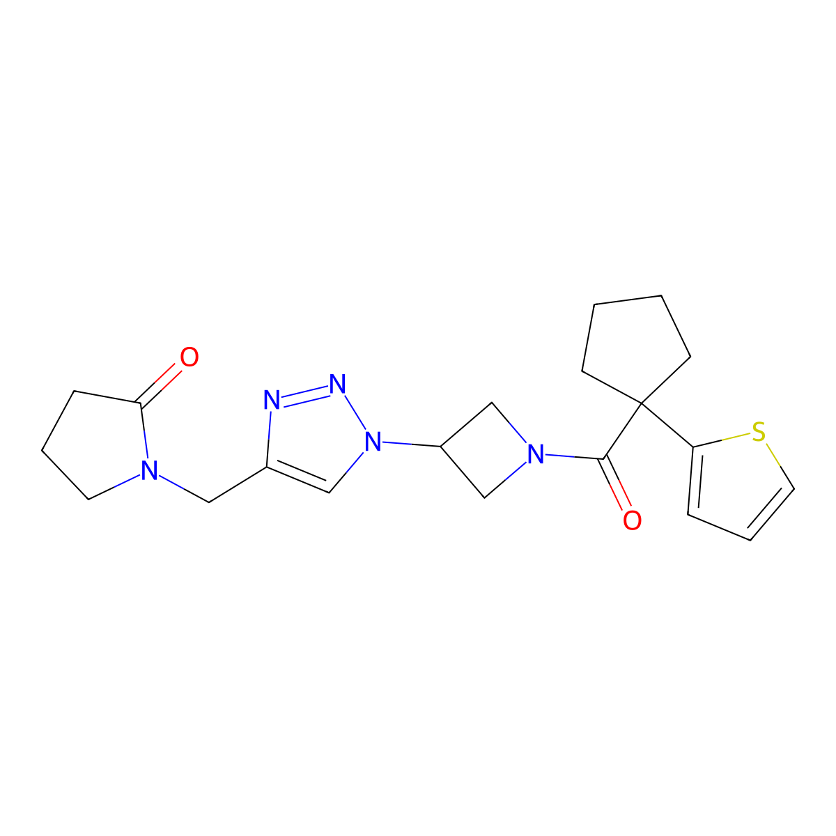 1-((1-(1-(1-(thiophen-2-yl)cyclopentanecarbonyl)azetidin-3-yl)-1H-1,2,3-triazol-4-yl)methyl)pyrrolidin-2-one molecular structure, CAS 2034544-62-0