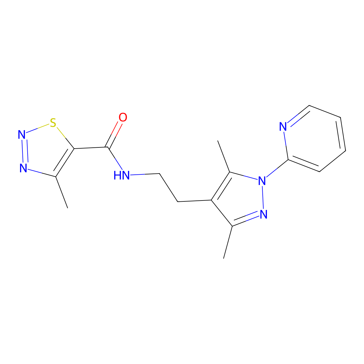 N-(2-(3,5-dimethyl-1-(pyridin-2-yl)-1H-pyrazol-4-yl)ethyl)-4-methyl-1,2,3-thiadiazole-5-carboxamide molecular structure, CAS 2034544-69-7