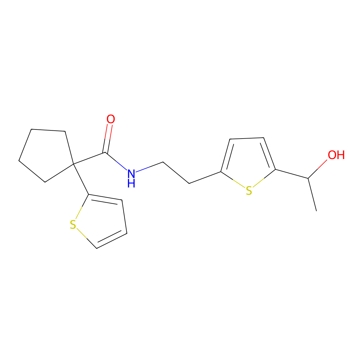 N-(2-(5-(1-hydroxyethyl)thiophen-2-yl)ethyl)-1-(thiophen-2-yl)cyclopentanecarboxamide molecular structure, CAS 2034544-71-1