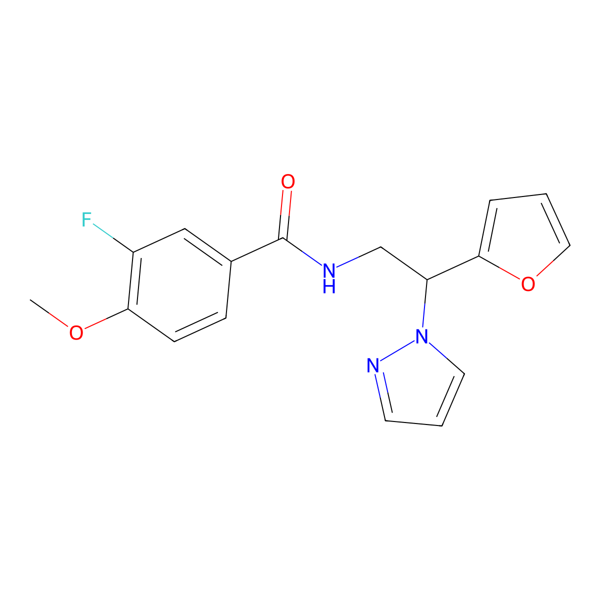 3-fluoro-N-[2-(furan-2-yl)-2-(1H-pyrazol-1-yl)ethyl]-4-methoxybenzamide molecular structure, CAS 2034544-77-7