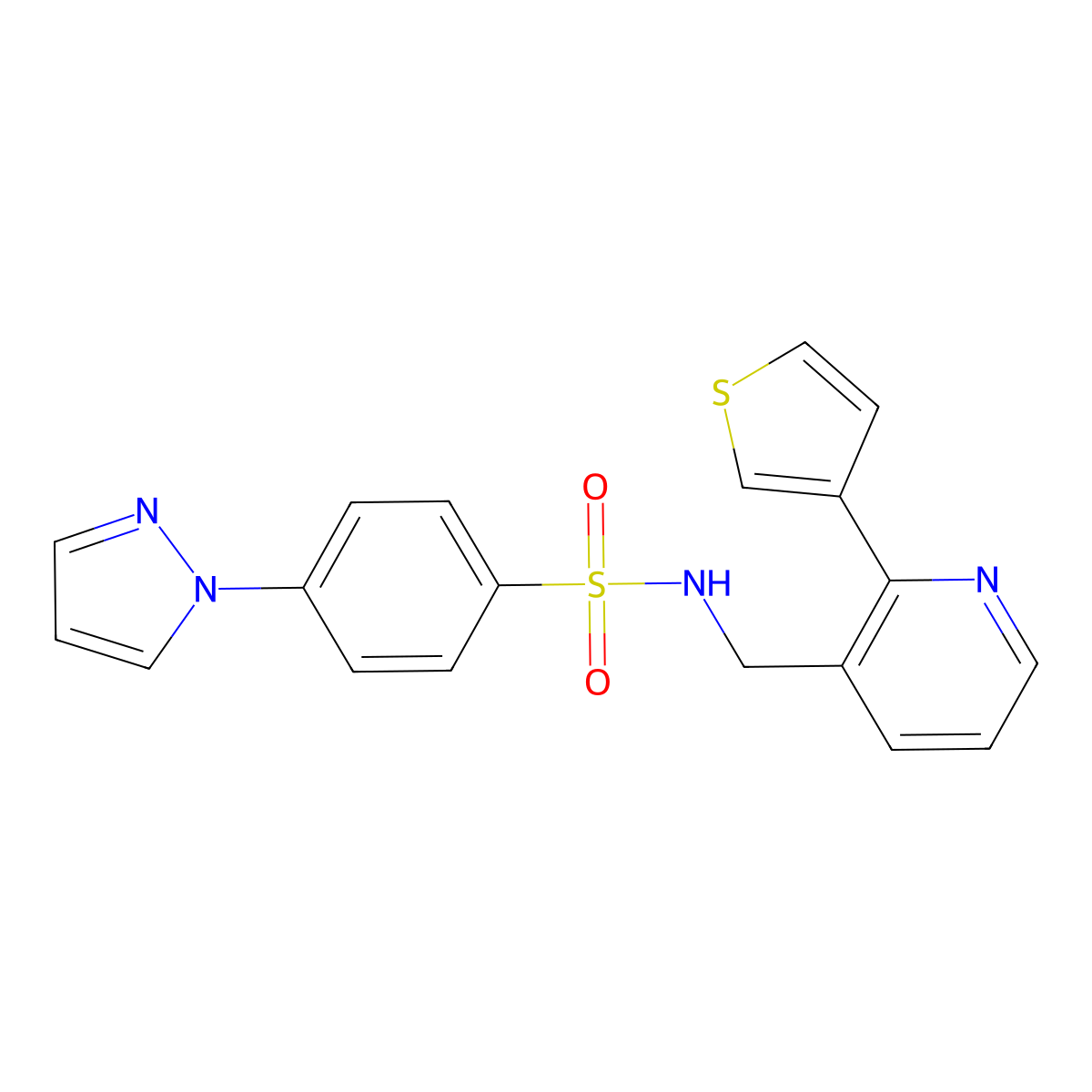 4-(1H-pyrazol-1-yl)-N-((2-(thiophen-3-yl)pyridin-3-yl)methyl)benzenesulfonamide molecular structure, CAS 2034544-81-3