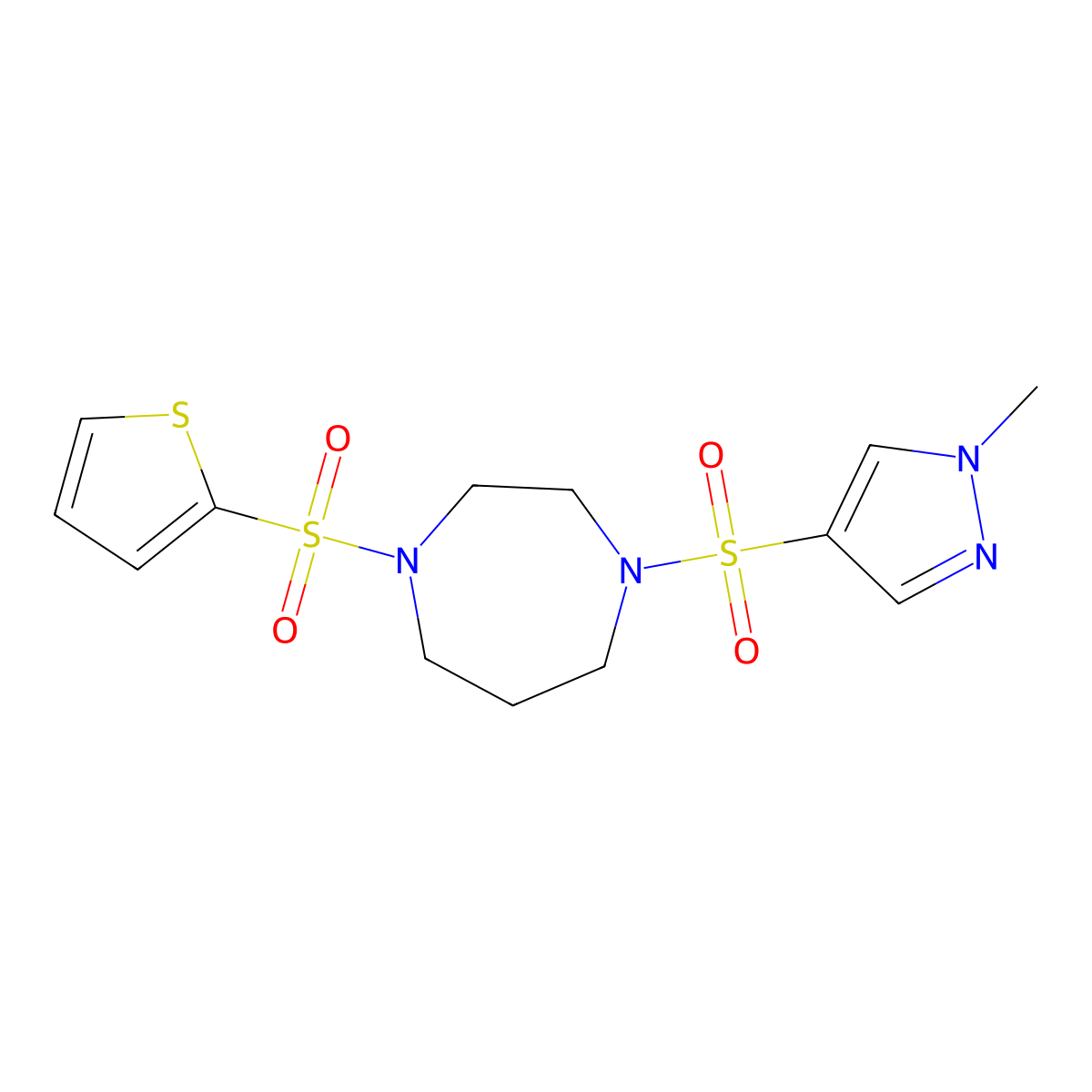 1-((1-methyl-1H-pyrazol-4-yl)sulfonyl)-4-(thiophen-2-ylsulfonyl)-1,4-diazepane molecular structure, CAS 2034544-83-5