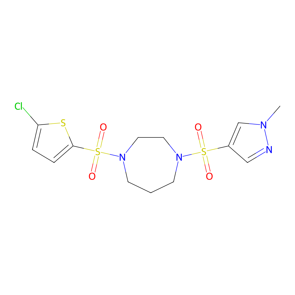 1-((5-chlorothiophen-2-yl)sulfonyl)-4-((1-methyl-1H-pyrazol-4-yl)sulfonyl)-1,4-diazepane molecular structure, CAS 2034544-90-4